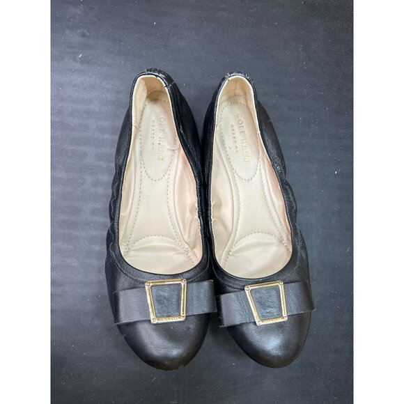 Cole Haan Womens Black Leather Flats With Gold Buckle Detail Size 7 - Picture 3 of 9